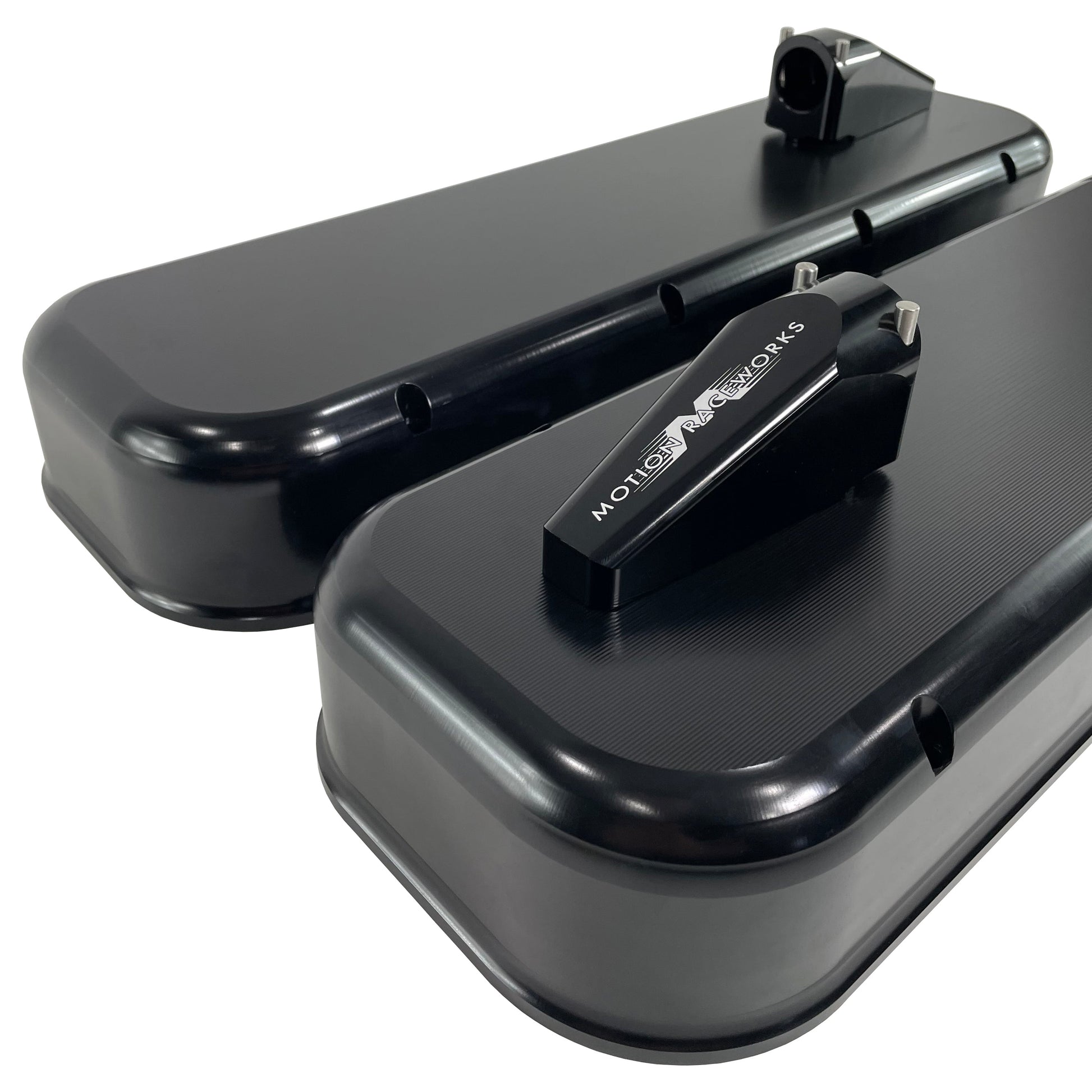Big Block Chevy Race Billet Valve Covers with Quick Release Burndown Breathers 37-120BLK-Motion Raceworks-Motion Raceworks